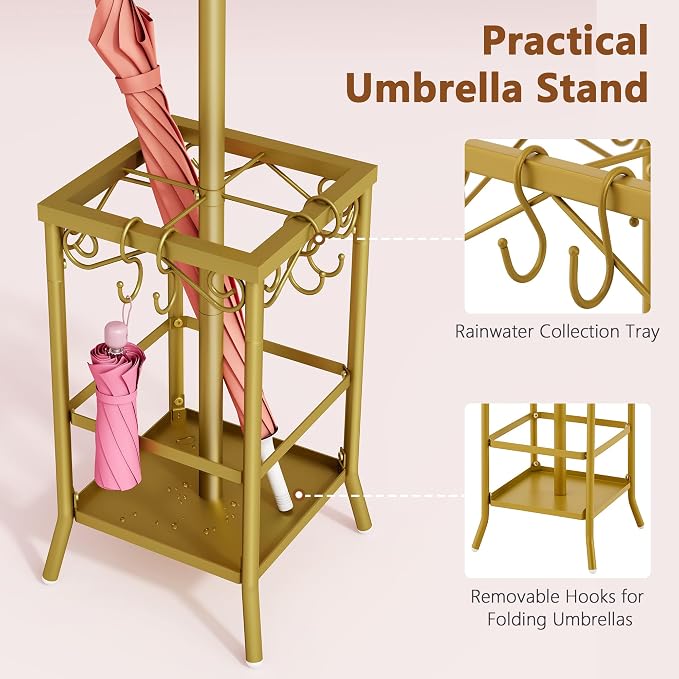 Hoctieon Coat Rack Freestanding, Coat Tree with Umbrella Holder | Metal Coat Rack Stand with 12 Hooks, Standing Coat Hanger Stand, Umbrella Stand for Entryway, Hat Rack Stand for Home Office
