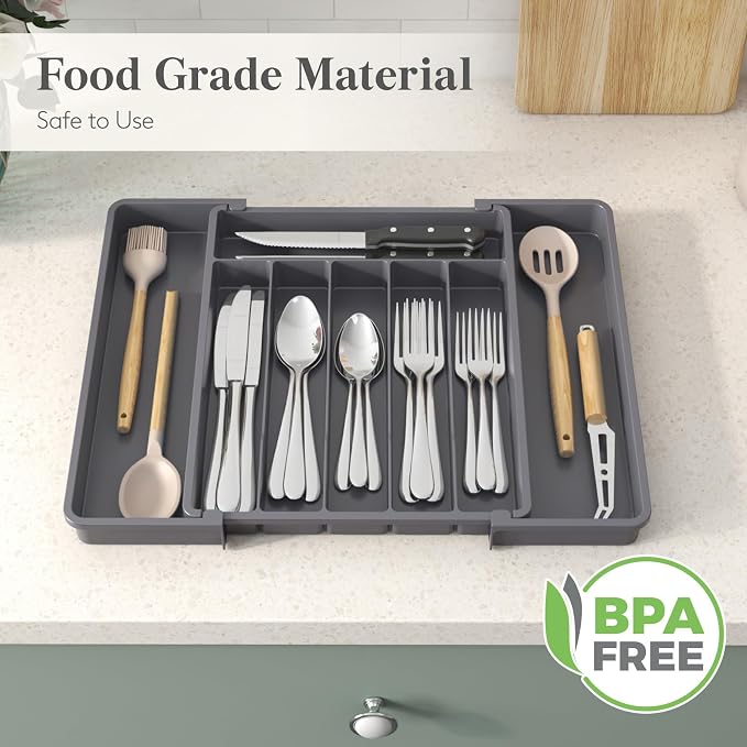 Lifewit Silverware Drawer Organizer, Expandable Utensil Tray for Kitchen, BPA Free Flatware and Cutlery Holder, Adjustable Plastic Storage for Spoons Forks Knives, 10.9"-17.5" x 13.7", Dark Grey