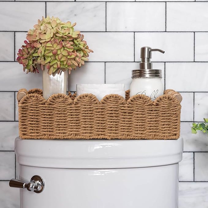 CubesLand Scalloped Toilet Paper Storage Basket W/Handle for Home Decor | Paper Rope Toilet Organizer Basket for Countertop, Over Toilet Shelf, End Table, Living Room, Bedroom Decor & More, Neutral