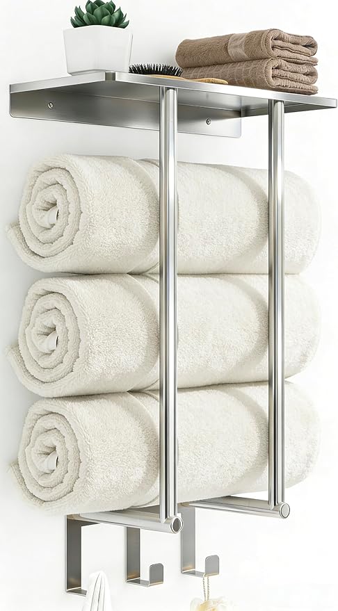 Bethom Towel Racks for Bathroom Wall Mounted with 3 Hooks, Brushed Nickel | Stainless Steel Towel Rack with Shelf, Towel Storage Holder Wall for Large Rolled Towels