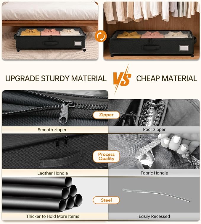 Under Bed Storage with Wheels 2-Pack, Under Bed Storage Containers, Underbed Box with Clear Lids, Rolling Underbed Storage bins for Shoes, Clothes, Blankets (25" L x 16.2" W x 5.5" H)