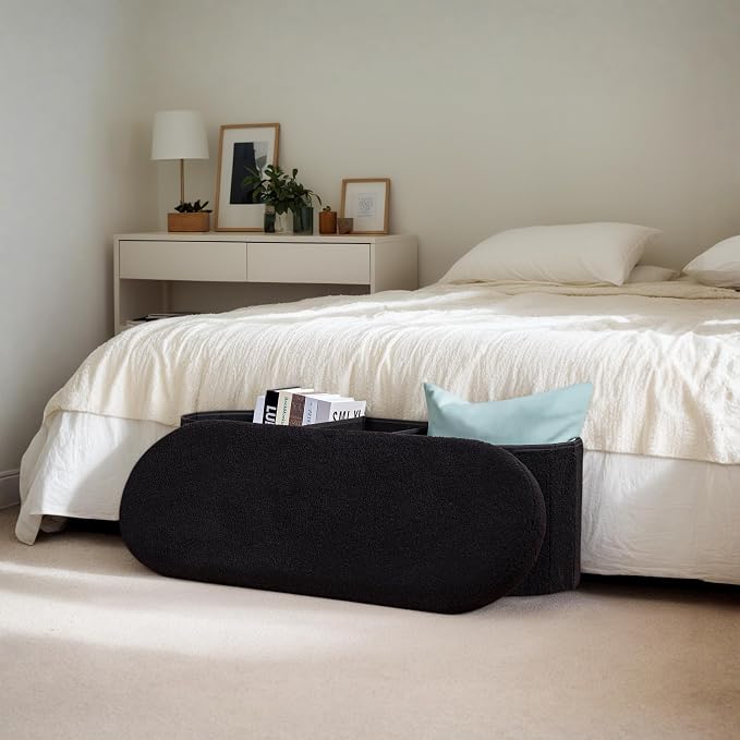 43.3 Inches Foldable Storage Ottoman Bench, Oval Footrest | Teddy Boucle Fabric, Hidden Storage, Soft Padded Seat, End Of Bed Bench For Bedroom, Living Room and Entryway, Black