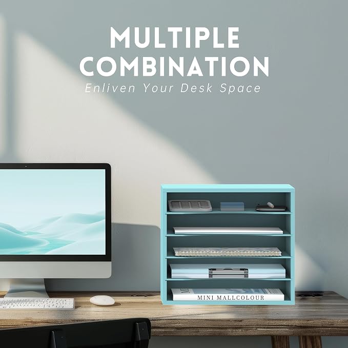 5 Tier Wood Desk Organizer, Mail Sorter and Paper Organizer for Desk, Blue | Wooden Desktop Organizer for Sorting Papers, Letters and Mails, Literature Organizer for Home Office, Classroom Organization