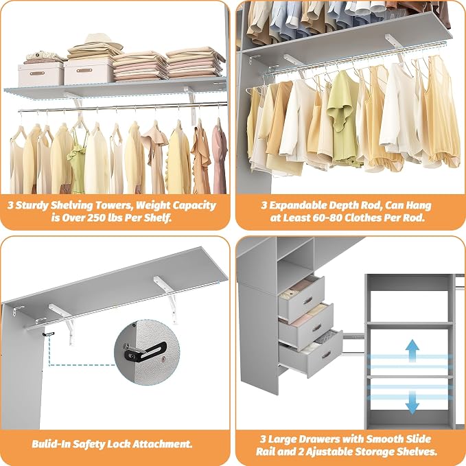 120 Inches Closet System, 10FT Walk In Closet Organizer with 3 Shelving Towers, Heavy Duty Clothes Rack with 3 Drawers, Built-In Garment Rack, 120" L x 16" W x 75" H, Max Load 1300 LBS, Grey