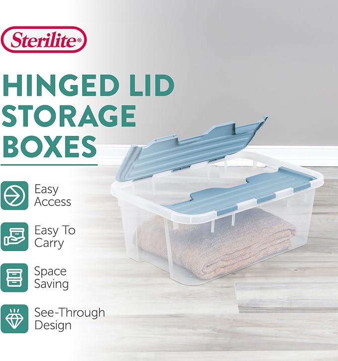 Sterilite Hinged Lid Storage Box, Plastic Container, 40 Quart, 6-Pack | Washed Blue - Home Organizer Tote for Storing Shoes, Crafts, Clothing, or Decor