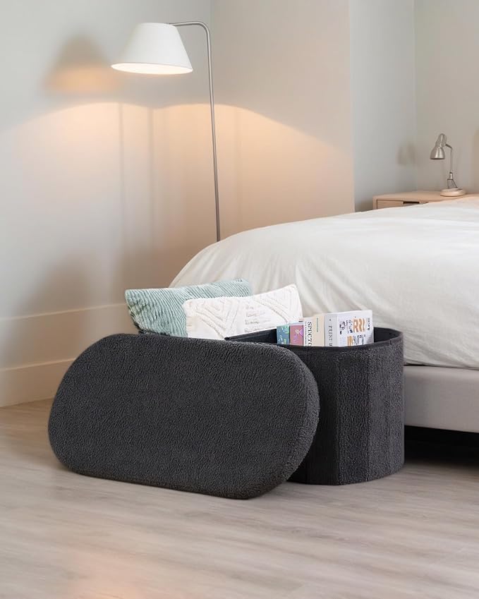30 Inches Oval Storage Ottoman Bench, Foldable Footrest | Teddy Boucle Fabric, Hidden Storage, Soft Padded Seat, Compact Ottoman for Living Room, Bedroom, Dorm, Dark Grey