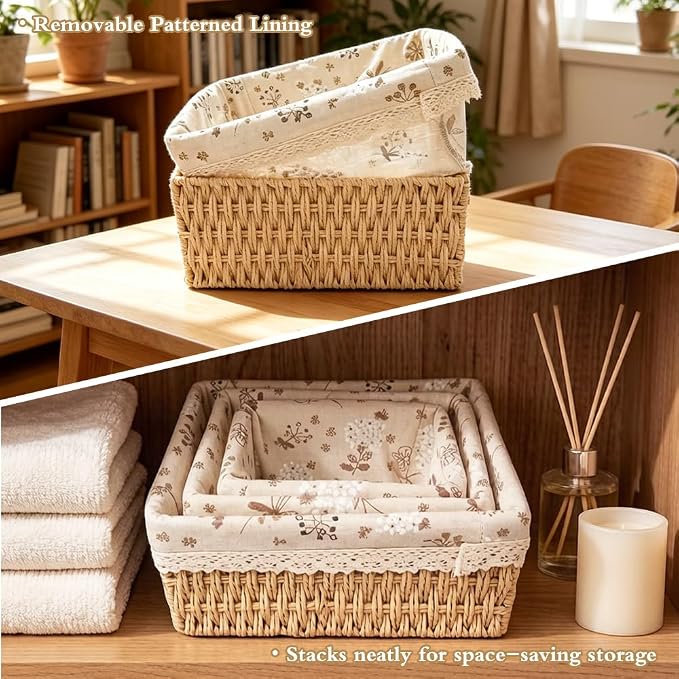 Small Wicker Basket 3-Piece Set: Handwoven Natural Paper Rope Storage Baskets for Organization, Storage, and Home Decor (Lined)