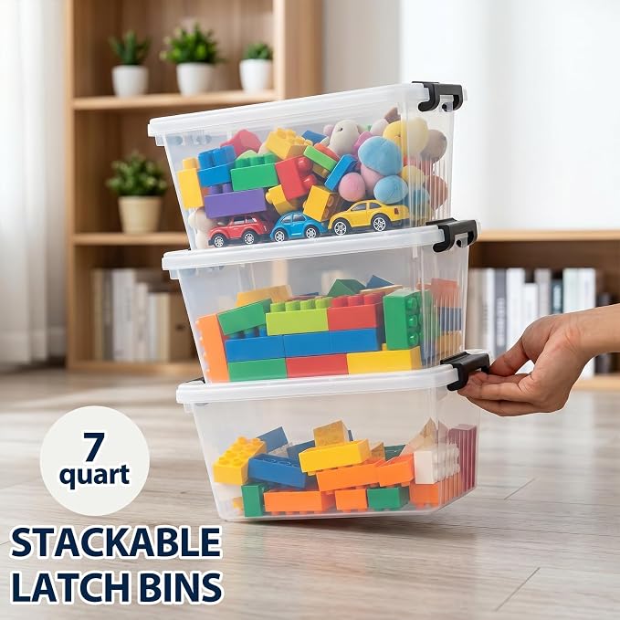 OUTUXED Storage Bins with Lids 10 Pack 7Qt Clear Stackable Containers Boxes | Clear Plastic, Lidded Containers, Stackable Design, for Home Office Pantry and Small-Item Organization