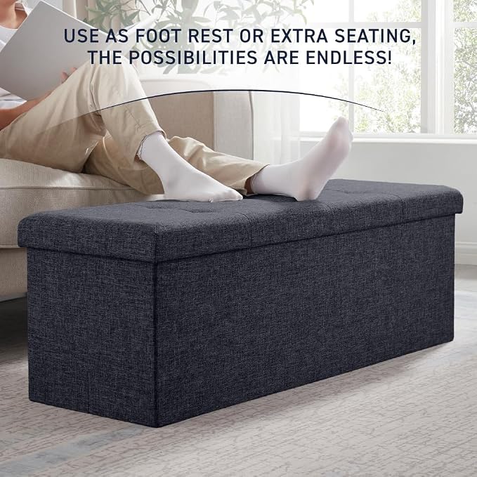 Ornavo Home 43 Inch Folding Extra Large Storage Bench, Linen, Black | Upholstered Tufted Ottoman with Lid; Foot Rest Stool; Ideal for Bedroom, Living Room or Entryway