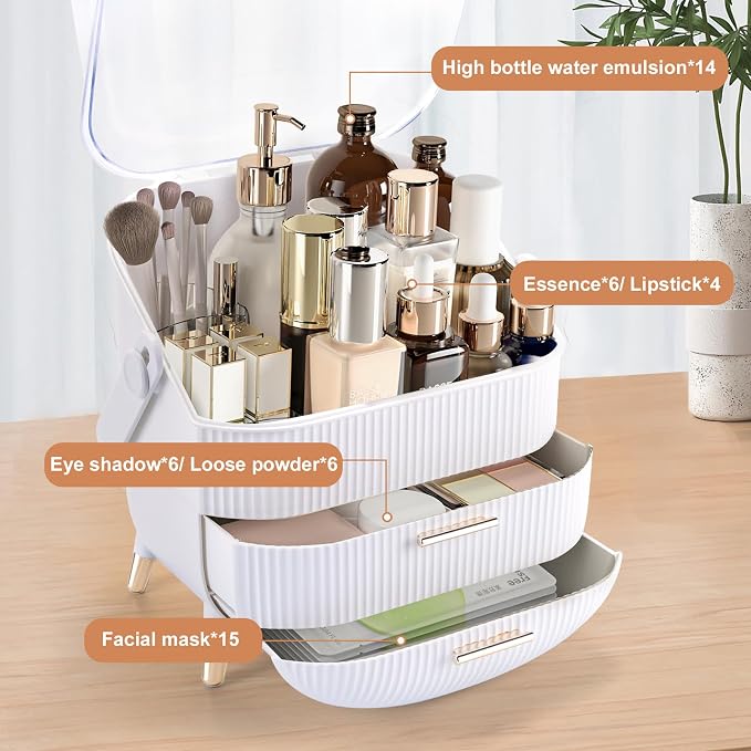 Makeup Organizer for Vanity, Make up Organizers and Storage, Cosmetics Skincare Organizers with Lid and Drawers, Cosmetic Display Cases for Countertop, Bathroom, Dresser, Ideal Gifts for Women(White)