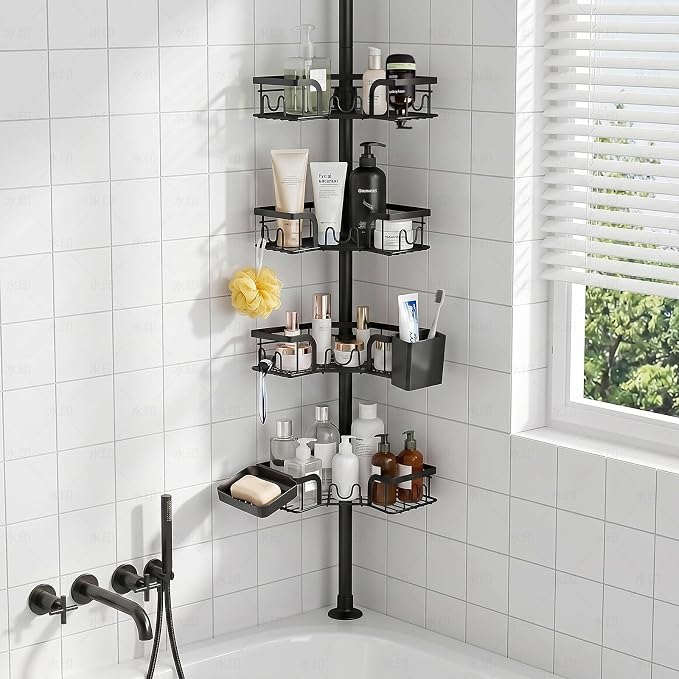 4-Tier Corner Shower Caddy Tension Pole, Floor to Ceiling Shower Corner Shelf Organizer with Soap Hold No-Drill 23.6-114.5 Inch