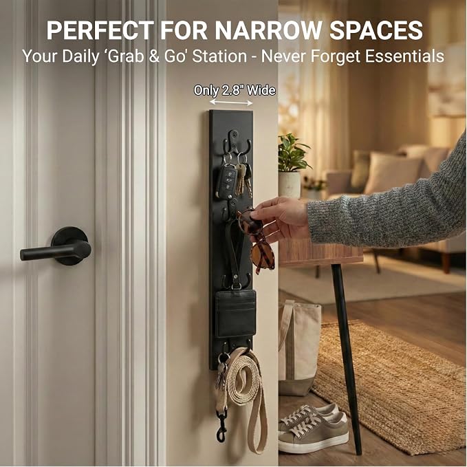 Vertical Key Holder for Wall & Dog Leash Holder – Solid Wood Wall Mount Key Rack with 8 Hooks – Small Space Saving Entryway Organizer for Keys, Lanyards, Masks (Adhesive or Screws) (Black)