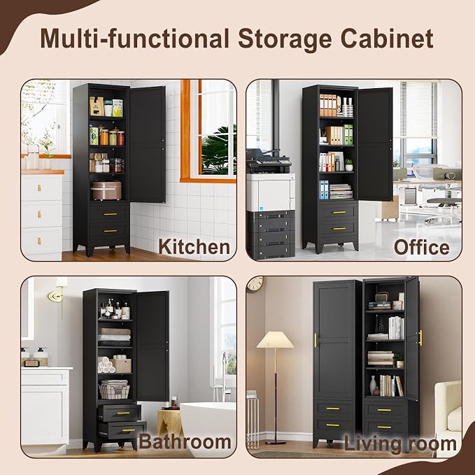 Tall Metal Narrow Storage Cabinet 67" H with 2 Drawer, Black Pantry Cabinets with 3 Adjustable Shelves and Door,Tall Bathroom Cabinet for Kitchen, Home Office, Living Room, Dining Room