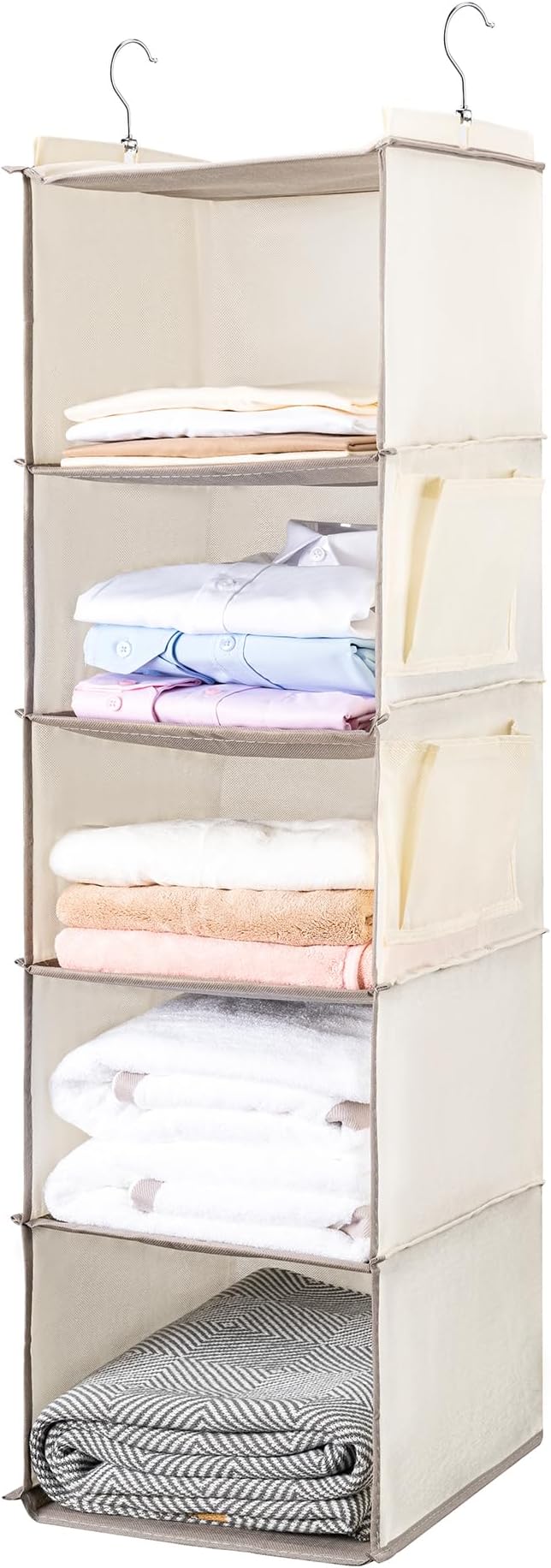 BOOMIBOO Hanging Closet Organize and Shelves，5-Hanging Shelf with 2 Side Pockets，Storage Foldable （2 Pack ，Beige）