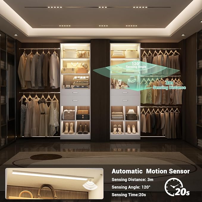 Besiost Closet System with Smart Sensor Lights, 4-8 FT Closet Organizer System with 2 Wooden Drawers and 5 Hanging Rods, Can Fit 60 to 96 inch Built-in Walk-in Closet System, White