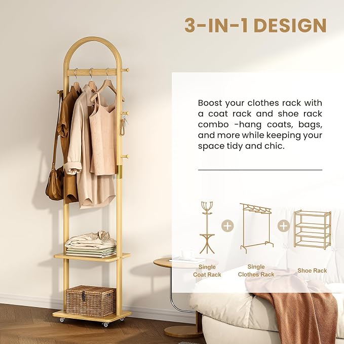15.9" Narrow 3-in-1 Rolling Clothing Rack,Wooden Coat Rack with Wheels, 2 Shelves and 5 Hooks, Solid Rubber Wood Coat Rack with Shelves for Entryway, Bedroom, Living Room, Burlywood