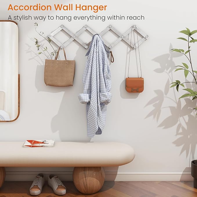 Accordian Wall Hanger, Expandable Coat Rack Wall Mounted, Accordion Style Wood Hat Rack with 13 Peg Hooks for Hanging Coats, Hats, Mugs, Bags, Purses, Necklaces, Rustic White