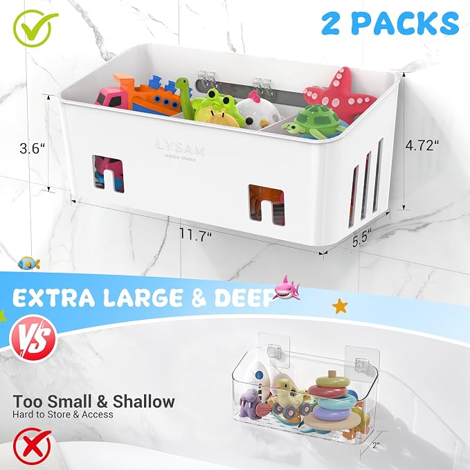 Bath Toy Storage 2 Packs, Large Bath Toy Holder - 3 Compartments, Quick-Dry | BPA-Free Bathtub Toy Organizer, Wall-Mounted Adhesive Shower Caddy, Bathroom Toy Basket & Bin for Baby, Toddler, Kids, White