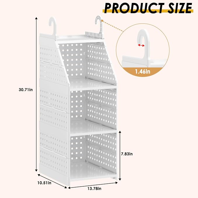 Honkazita 3-Tier Foldable Hanging Closet Organizer, White | Free-Standing Closet Hanging Organizer, For Wardrobe, Laundry Room, Plastic Hanging Closet Shelves, for Clothes, Handbags