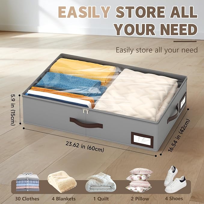 OIAHOMY 2 Pack Under Bed Storage with Handles, Underbed Container for Bedroom & Closet, Fits Beds Higher than 6", Under the Bed Storage for Seasonal Clothes, Blankets & Shoes - Grey