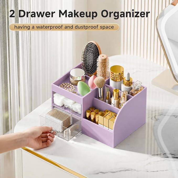Makeup Organizer with 2 Drawers, Makeup Organizers Countertop for Vanity and Bathroom, Make up organization and Skincare Storage with Brush Holder, for Dresser, Desktop, Cosmetic Display Case (Purple)