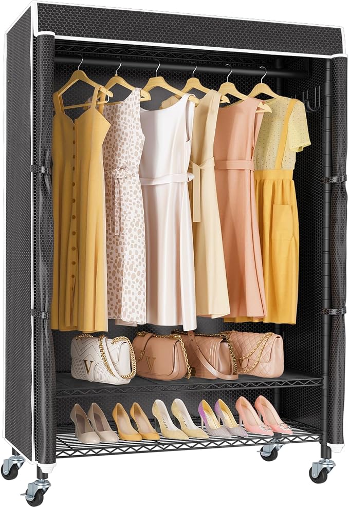 VIPEK R3C Portable Closet for Hanging Clothes Rolling Rack with Cover | Lockable Wheels, Adjustable Wire Shelving Heavy Duty, Metal Side Hooks, Polyester Cover, 374lbs Space-Saving for Small Space