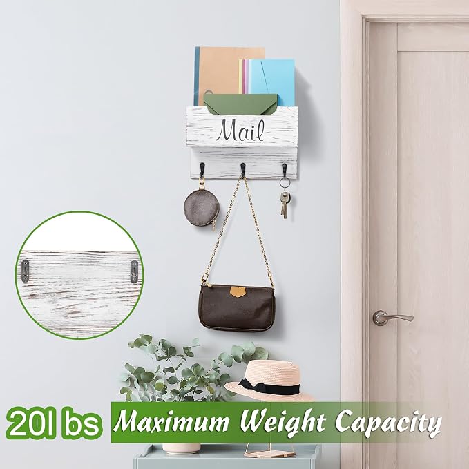 DRASTAR Small Mail Organizer Wall Mounted,Wooden Mail & Key Holder for Wall, Hanging Mail Organizer,Retro White
