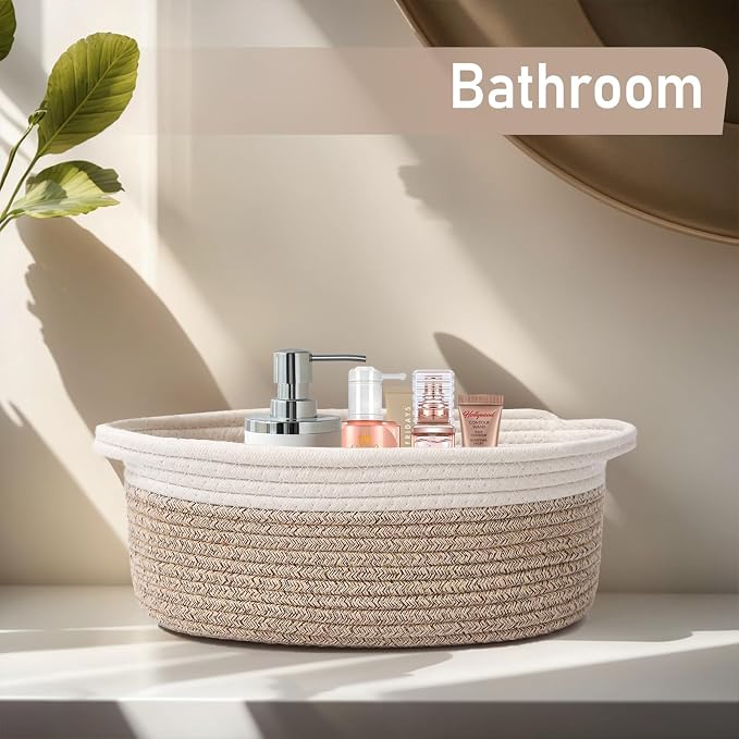 JMvicyroam Small Woven Basket, Empty Gift Basket, White&Oatmeal/1 Pack | Small Gift Basket, Cotton Rope, 12 x 8 x 72 in, Handles, Includes Ribbon and Bag, Birthday Gift Basket