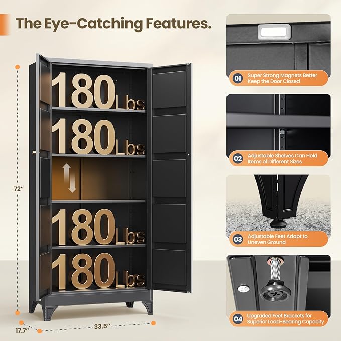 Yizosh Metal Pantry Cabinet,- 72" Black Kitchen Pantry Storage Cabinet with Doos and Adjustable Shelves for Kitchen, Living Room,Dining Room,Home