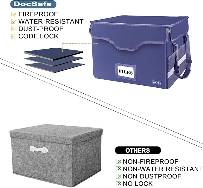 DocSafe Fireproof Document Box with Lock,File Storage Organizer with Pockets,Collapsible Portable File Box Home Office Safe Filing Cabinet with Handle for Hanging Letter/Legal Folders,Blue,2 Pack