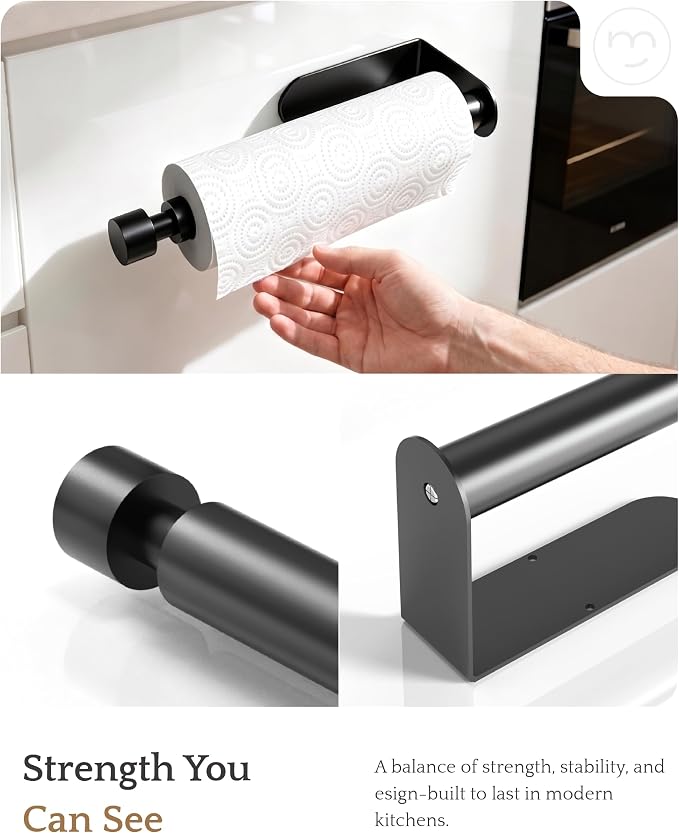 Paper Towel Holder Under Cabinet Adhesive or Drilling Matte Black | Drill Wall Mount or Adhesive, Easy Roll Loading, Heavy Duty, Stainless Steel Paper Towel Roll Rack for Kitchen, Bathroom