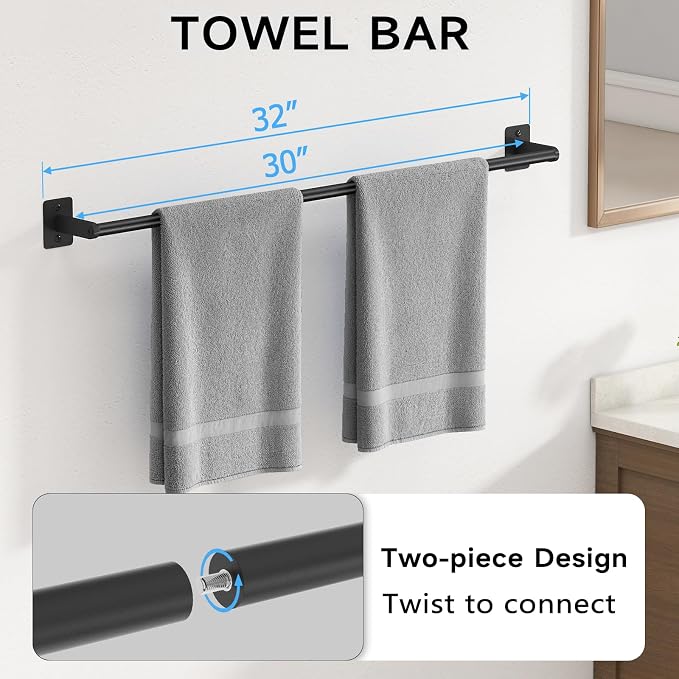 KLJKPA 4-Piece Bathroom Hardware Set, 32 inch Bathroom Towel Holder | Black Bathroom Accessories Set, Towel Racks for Bathroom, Robe Towel Hooks, Toilet Paper Holder Wall Mounted