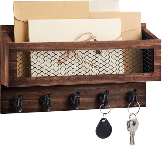 Colingmill Magnetic Mail and Key Holder for Wall Fridge Wooden Mail Organizer with 5 Key Hooks for Home Bedroom Fridge Kitchen Decorative(Brown)