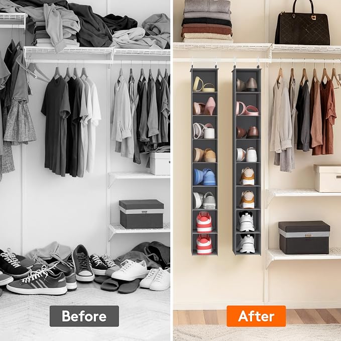 Lifewit 8 Section Hanging Shoe Storage Organizer for Closet Foldable, Gray | Folding Shoe Racks, Fabric Shoes Storage with Two Hangers, Closet Organizers and Storage for Wardrode, Dorm