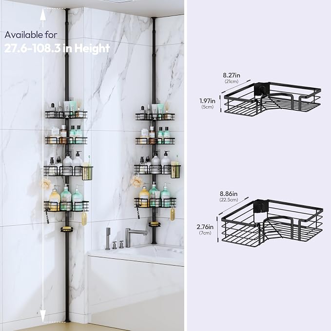 SWTYMIKI Shower Caddy Tension Pole - 4-Tier Corner Shower Organizer Tension Rod with Soap Holder, Toothbrush Holder & 4 Hooks, Adjustable Stainless Steel Bathroom Organizer 27.6 to 108.3 inch, Black