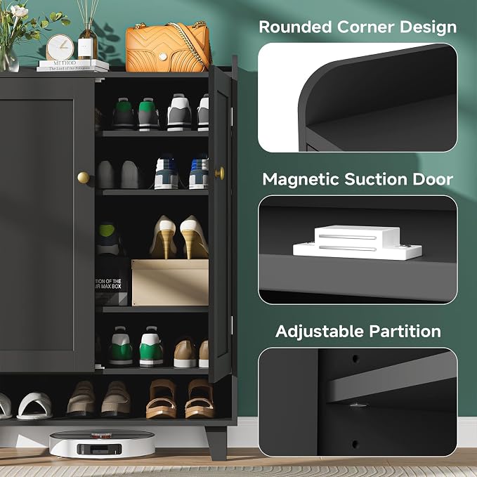 Flat-Shelf Shoe Cabinet with Doors，6-Tier Shoes Storage Cabinet with Adjustable Shelves，Wooden Shoe Rack Shoes Storage Organizer Cabinets for Entryway, Hallway, Living Room（Black）