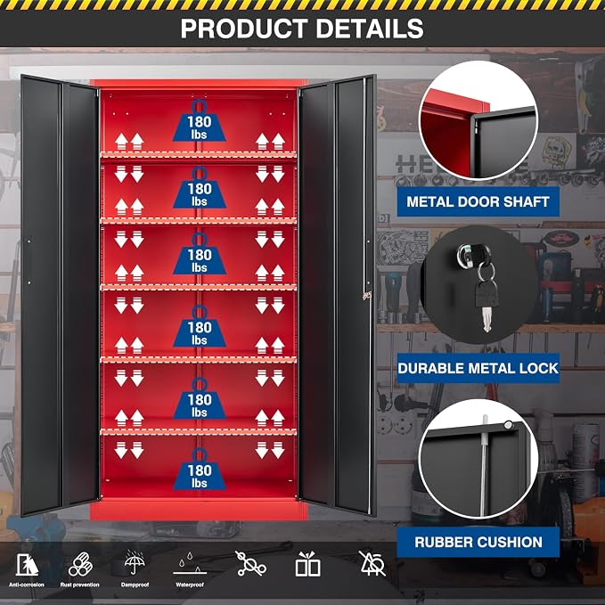 Fesbos Metal Storage Cabinet-71” Tall Steel File Cabinets with Lockable Doors and Adjustable Shelves-Black&Red Steel Storage Cabinet for Home, School, Office, Garage