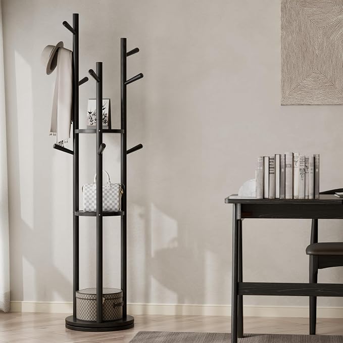 Muwuele Solid Wood Rotary Coat Rack, Freestanding Coat Rack with 3 Shelves and 9 Hooks, Coat tree for Bedroom, Entryway, Livingroom, Coat Hanger Stand for Coats, Scarves, Handbags (Black)