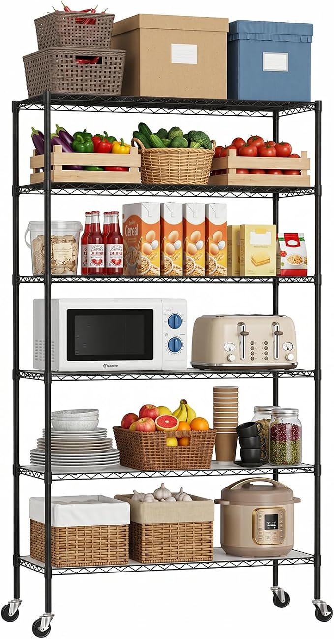 FDW | 6-Tier Wire Storage Shelves with PP Shim | 45"x18"x82" Wheels | Black | Adjustable Racks | Heavy-Duty Metal Shelf, Holds Upto 2100 lbs | Tool-Free Assembly, Rust-Resistant | for Home & Garage