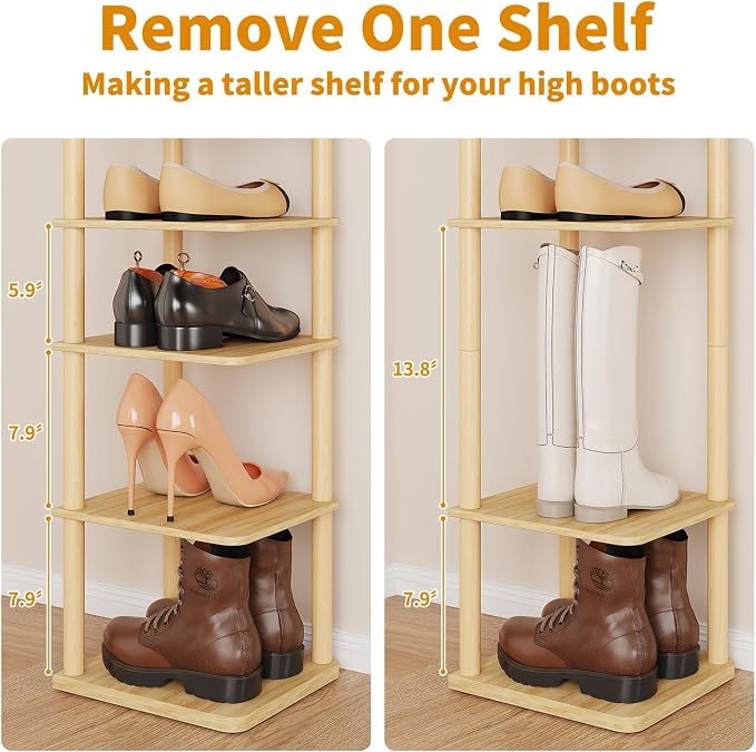 8 Tiers Vertical Shoe Rack Tall Narrow Shoe Tower Corner Shoe Rack, Natural | Small Shoe Organizer for Entryway, Closet, Dorm & Small Spaces, Freestanding Wooden Shoe Shelf for Boots, Sneakers, Heels.
