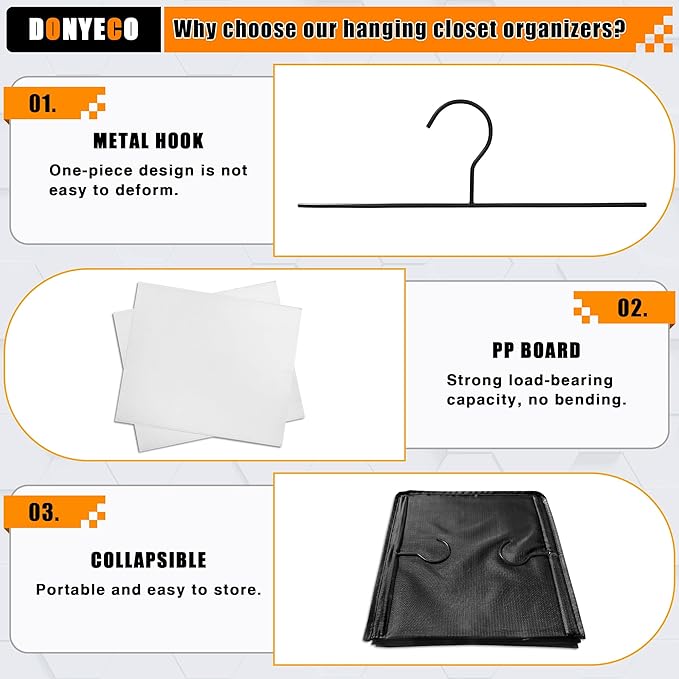 Hanging Closet Organizer 4-Shelf, Oxford Fabric Wardrobe Storage, Black | Easy-mount foldable design holds clothes, handbags, shoes & accessories; washable Oxford fabric, sturdy and space-saving.