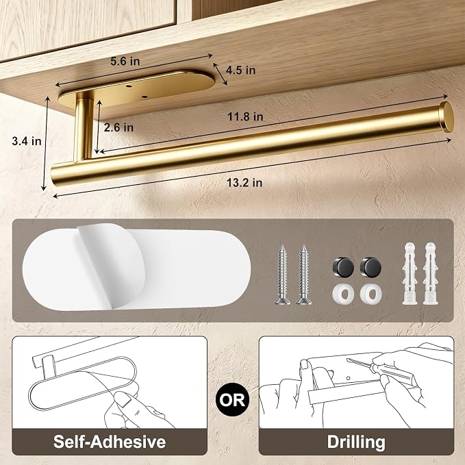 Paper Towel Holder, 2-Pack US304 Stainless Steel Wall Mount Rack, Self-Adhesive No Drilling, Rustproof Space Saving Under Cabinet Mount, Organizer for Kitchen, Bathroom, RV, Pantry (Gold)