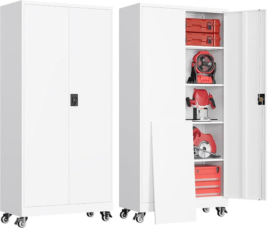 Garage Storage Cabinet with Doors and Shelves, Garage Cabinets with Wheels, Metal Lockable Storage Caninet,Tall Tool Cabnet on Wheels for Workshop/Home/Office/Shop - (White 75”H)