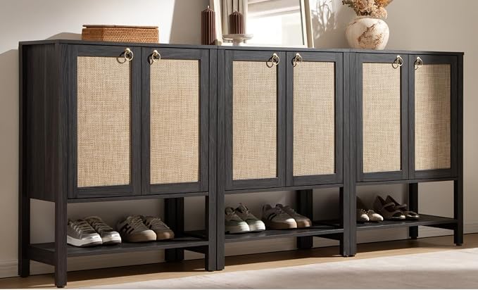 SICOTAS Rattan Shoe Cabinet with Storage, 5 Tier, 3 Pieces | Farmhouse Shoe Organizer with Doors & Shelves,Free Standing Shoe Rack Cabinet for Entryway, Hallway, Foyer (Obsidian)