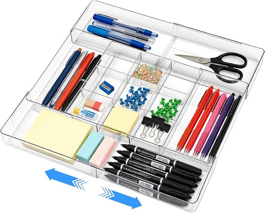Expandable Desk Drawer Organizer, Expandable Storage Tray with Adjustable Compartments - Customizable Desk Organizer for Makeup, Utensils, Office Supplies, Junk Drawer & Bathroom