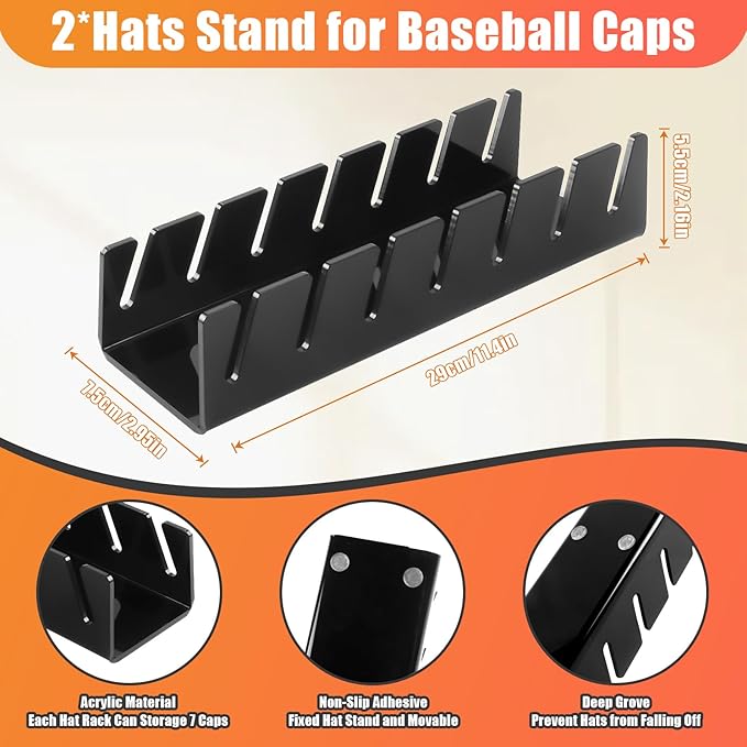 Hat Organizer for Baseball Caps Hat Rack Acrylic Hat Stand 2Pack No Install | Hat Storage for 14 Baseball Caps Closet Organization Hat Holder Display Baseball Cap Organizer for Closet, Bedroom, Dresser