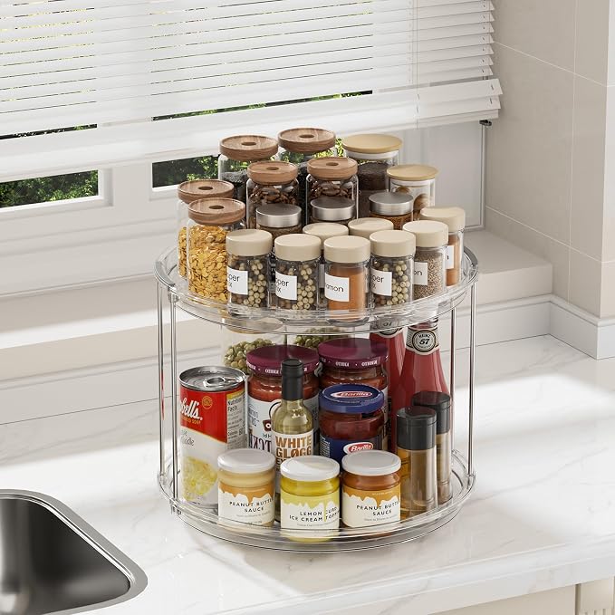 LAMU 12in 2 Tier Lazy Susan Organizer Large Lazy Susan Turntable Rotating Spice Rack Organization for Cabinet, Kitchen, Pantry, Countertop, Bathroom, Vanity, Medicine Cabinet Organizer, Clear