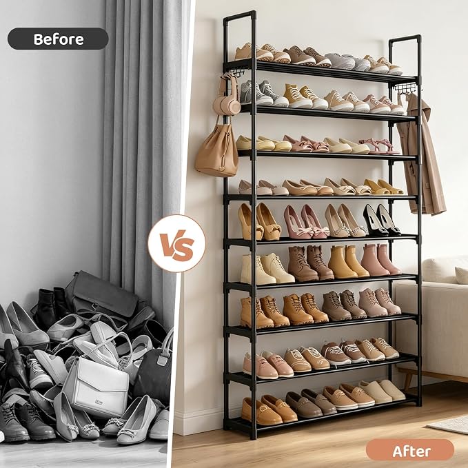 Shoe Rack for Entryway 10-Tiers Large Capacity Metal Shoe Rack Organizer with Two Hooks Holds 40-50 Pairs Shoes and Boots Free Standing Tall Shoe Shelf for Closet/Bedroom/Garage/Hallway Black