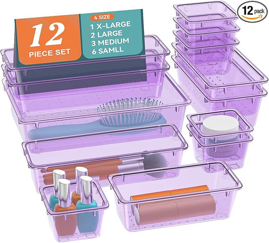 12 PCS Drawer Organizer Set, Makeup Organizers, Tool Storage Trays, Pueple | 4 Sizes, Plastic, Stackable, Multiple Gadgets, Desk Drawer Divider Organizers, for Makeup, Office Supplies Storage