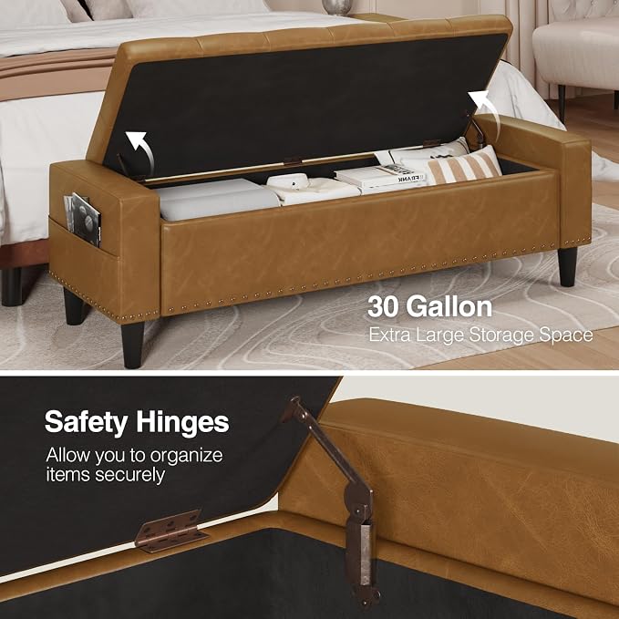 60" Storage Ottoman Bench, Faux Leather Upholstered Bed Bench with Tufted Buttons and Nailhead Trim, Large Ottoman with Storage for King Size End of Bed, Bedroom, Entryway, Hallway (Camel)